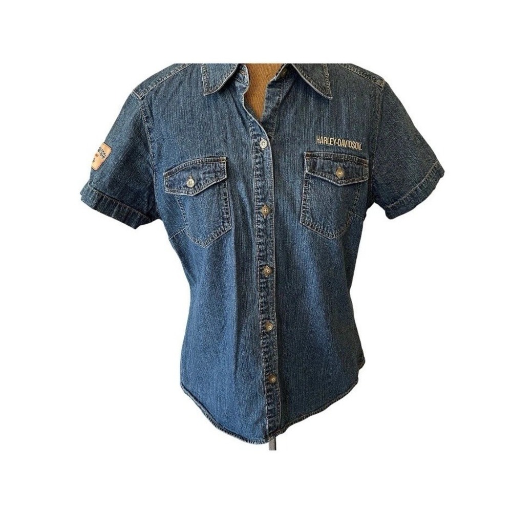 Harley Davidson womens denim blue button front short sleeve pockets patch Large